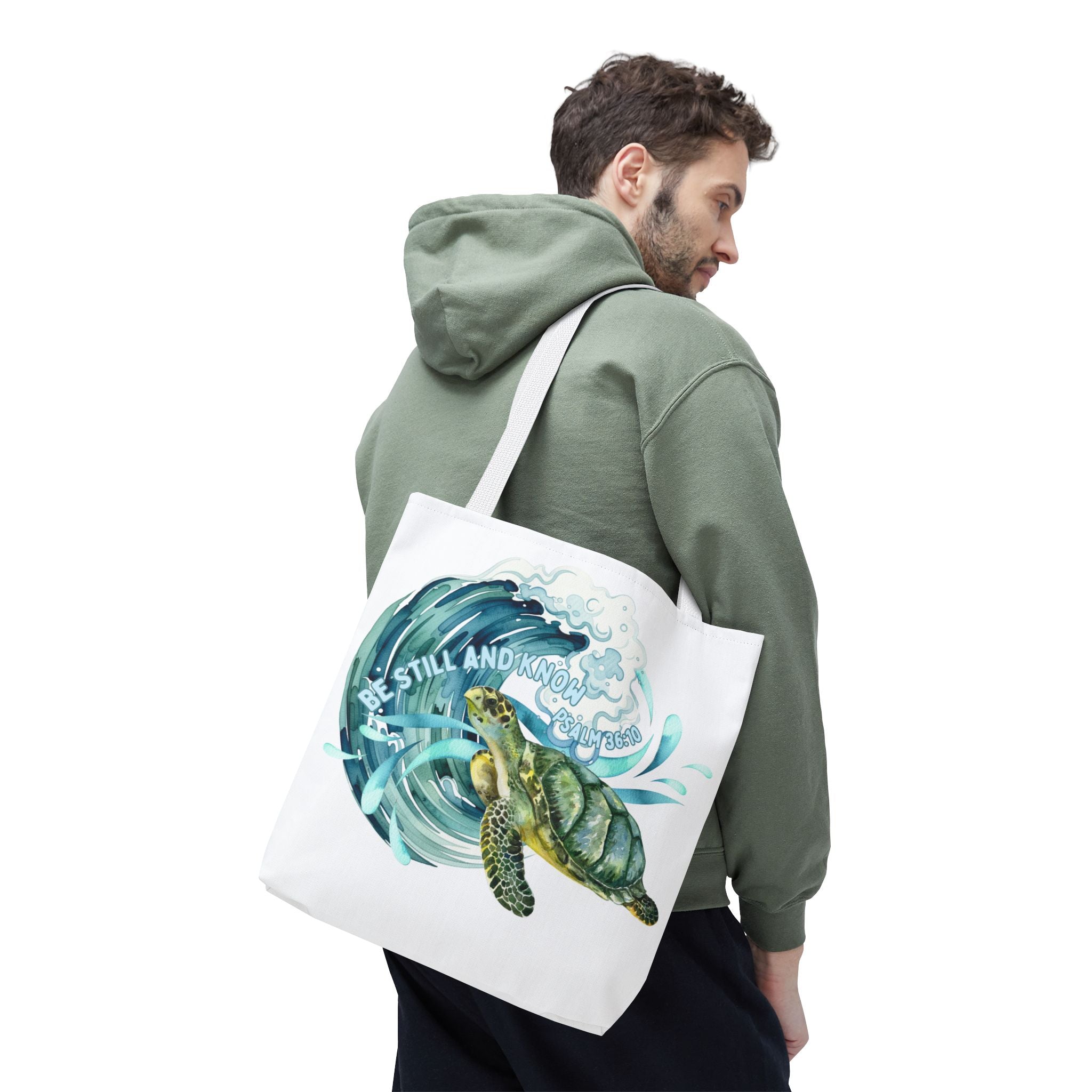 Sea Turtle Wave Tote Bag — "Be Still and Know" Ocean Eco Shopper