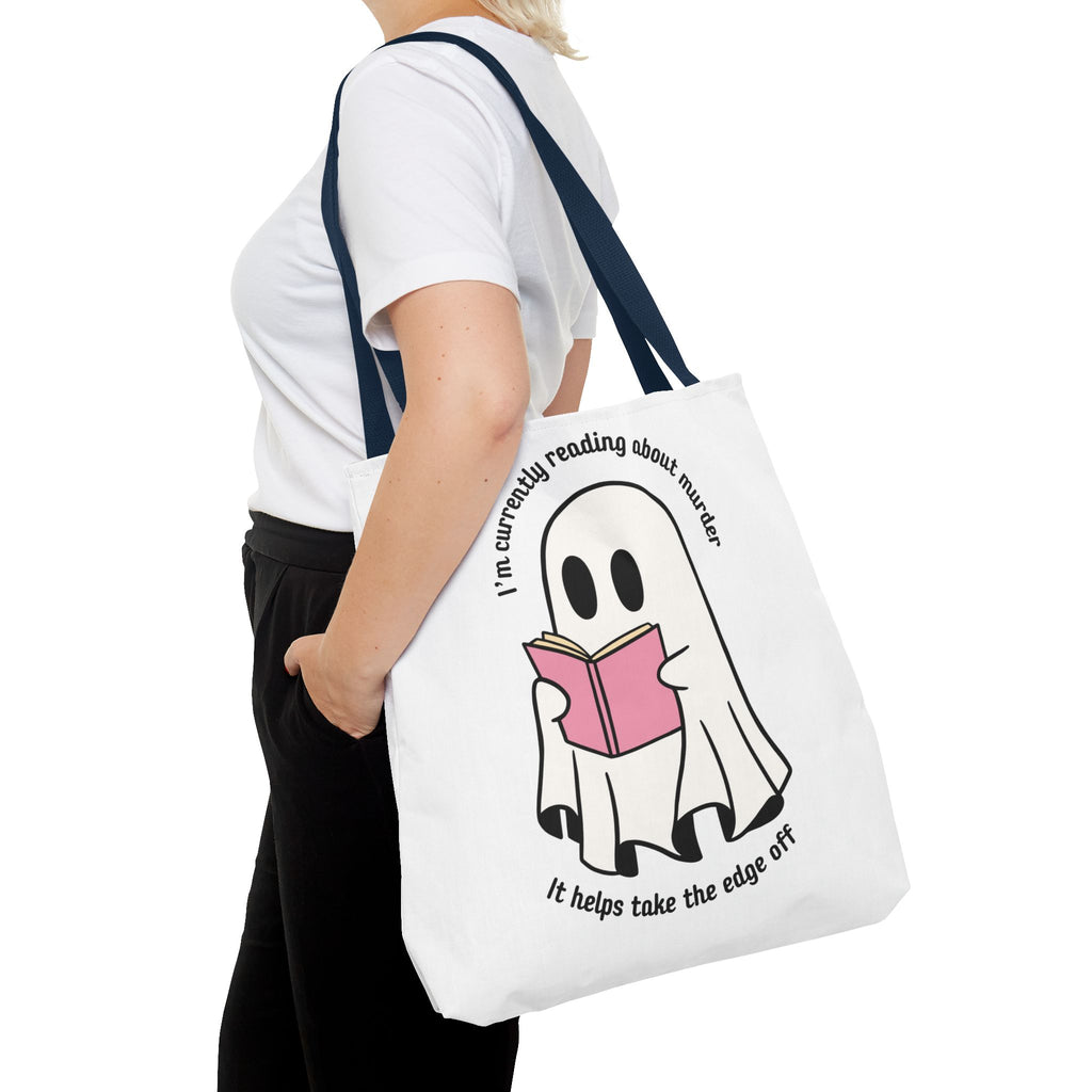 Ghost Reading Tote Bag — Cute Ghost with Book "I'm currently reading about murder, it helps take the edge off"