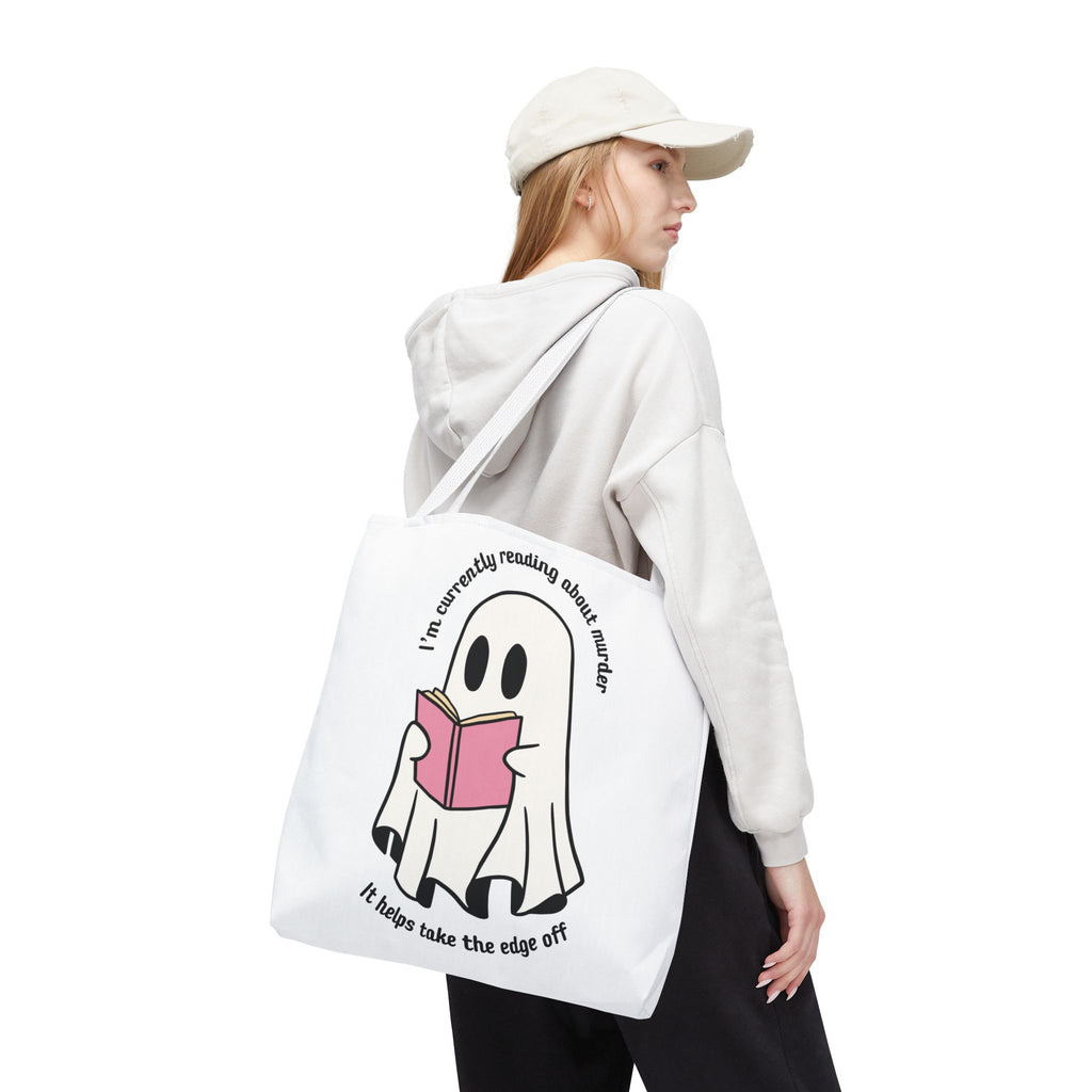 Ghost Reading Tote Bag — Cute Ghost with Book "I'm currently reading about murder, it helps take the edge off"