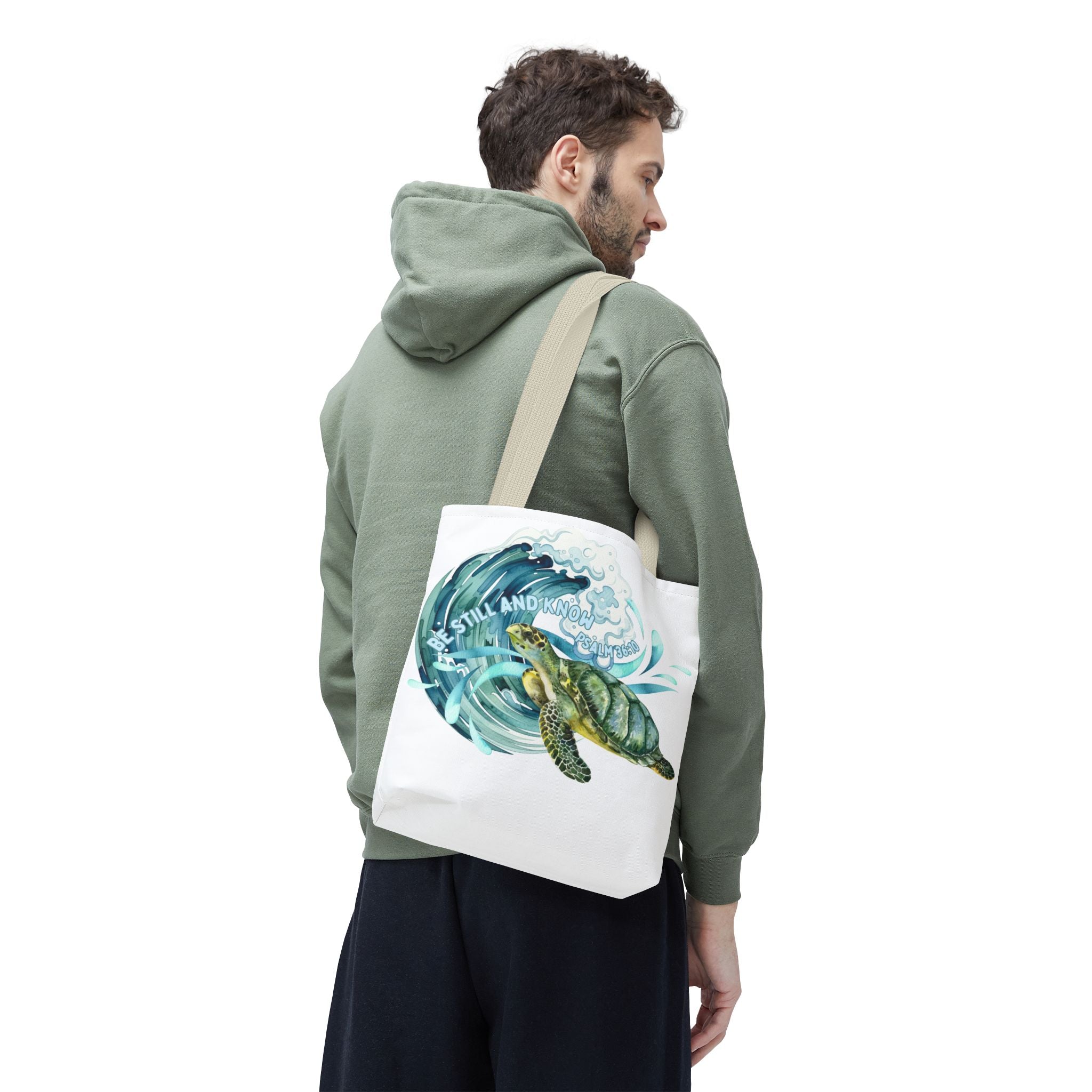 Sea Turtle Wave Tote Bag — "Be Still and Know" Ocean Eco Shopper