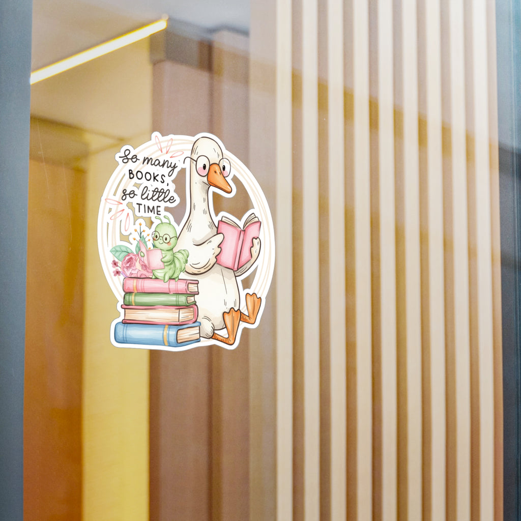 Reading Goose Kiss-Cut Vinyl Sticker — "So Many Books, So Little Time"