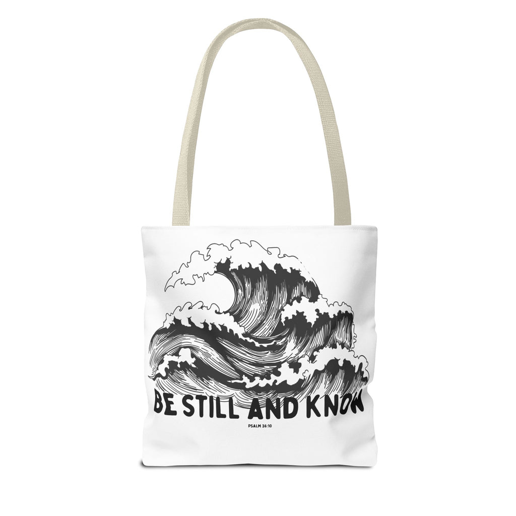 Be Still and Know Wave Tote Bag — Inspirational Psalm 36:10 Canvas Tote