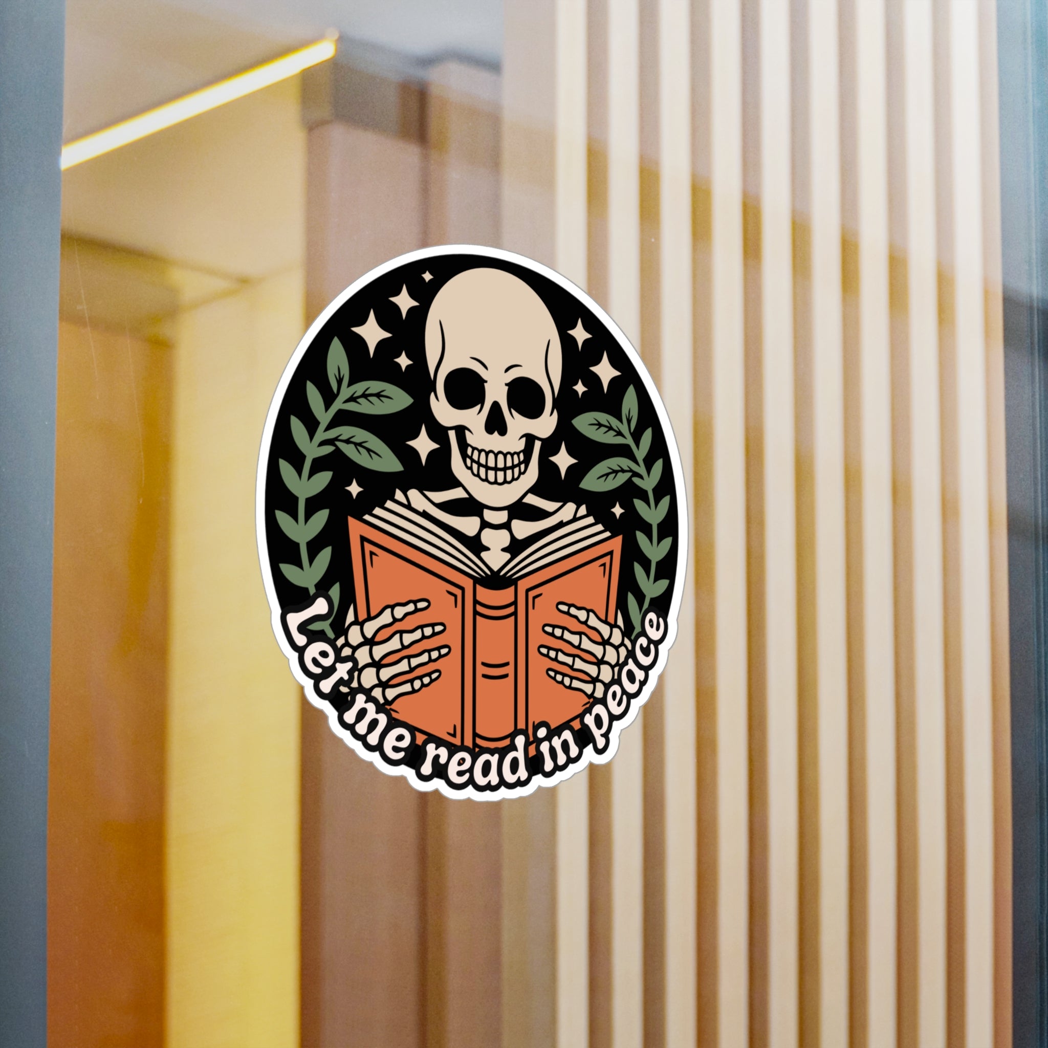 Skeleton Reading Vinyl Sticker – “Let Me Read in Peace” Kiss-Cut Decal