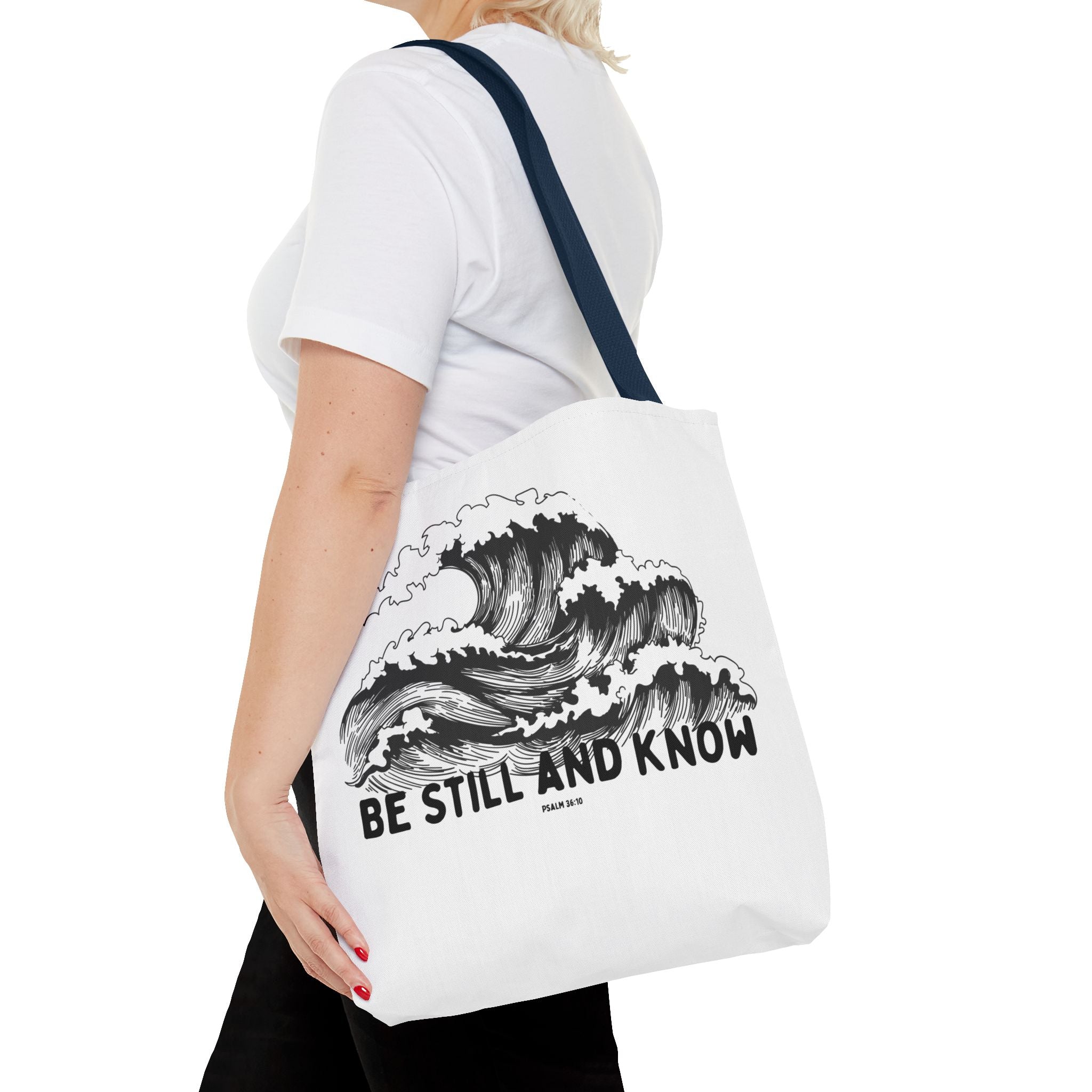 Be Still and Know Wave Tote Bag — Inspirational Psalm 36:10 Canvas Tote