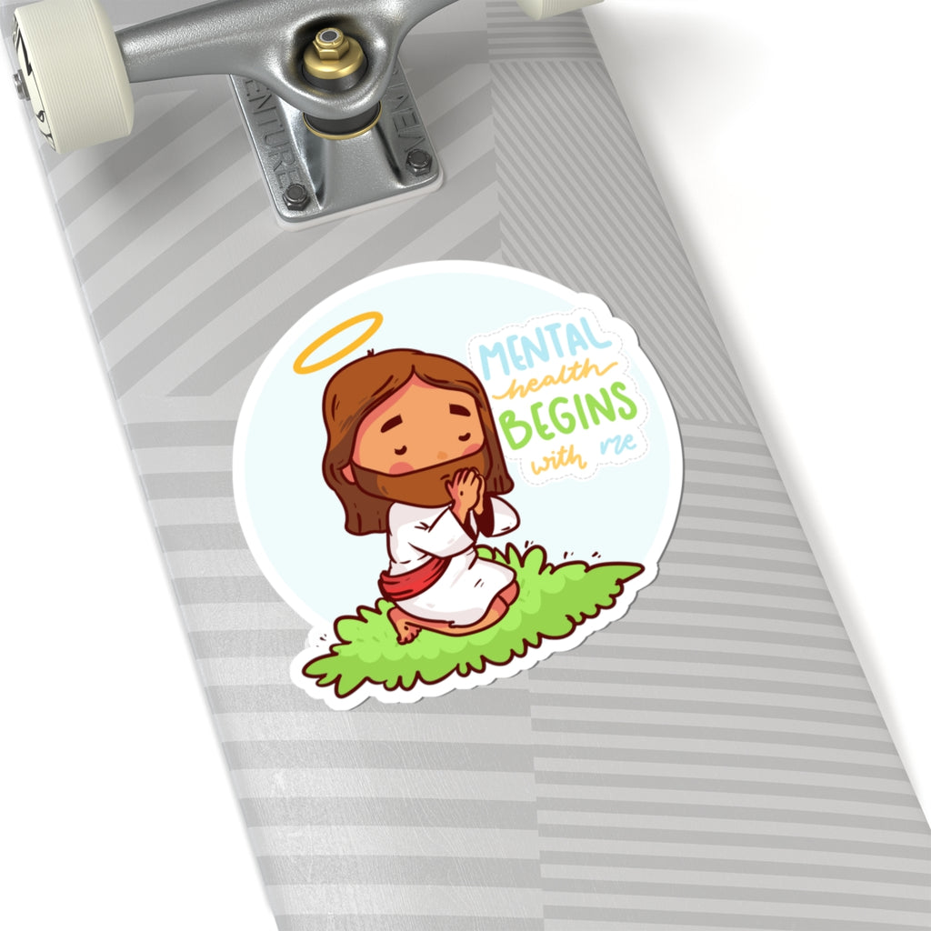 Sticker — "Mental Health Begins with Me" Praying Jesus Cute Faith Vinyl Sticker