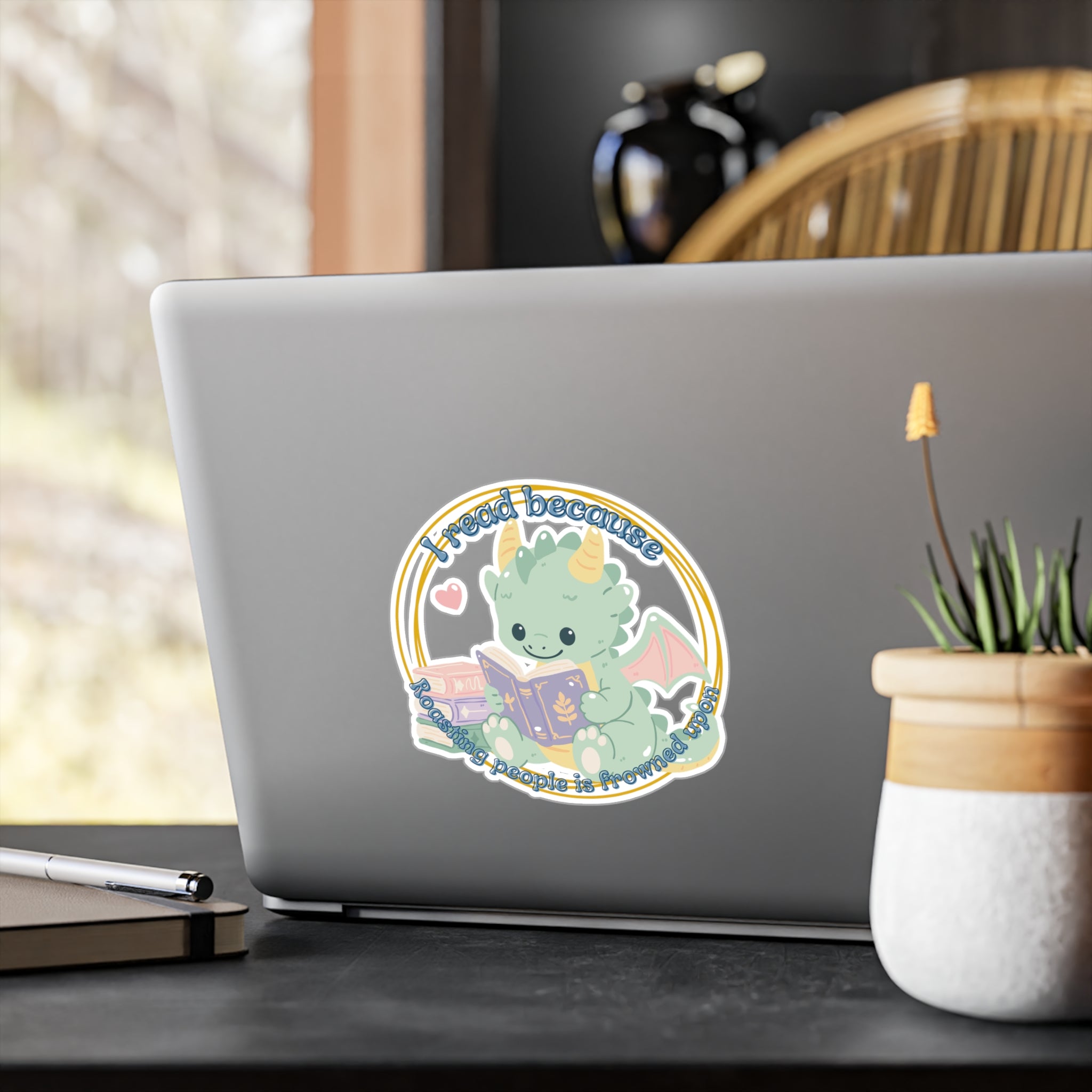 Reading Dragon Vinyl Sticker — “I read because roasting  people is frowned upon” Kiss-Cut Decal
