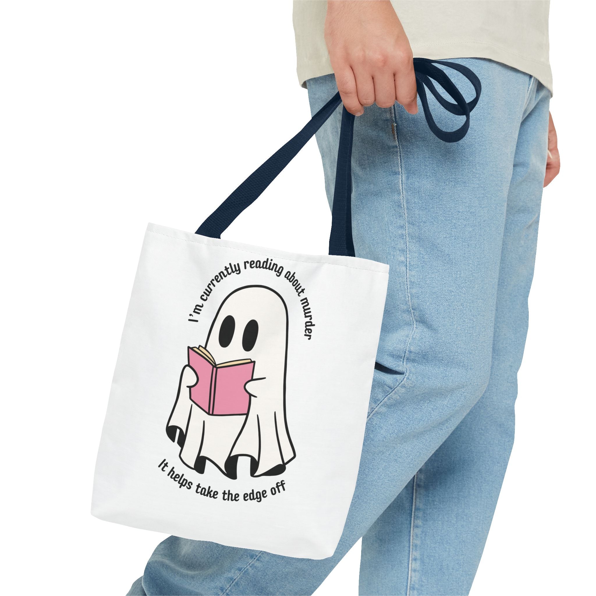Ghost Reading Tote Bag — Cute Ghost with Book "I'm currently reading about murder, it helps take the edge off"